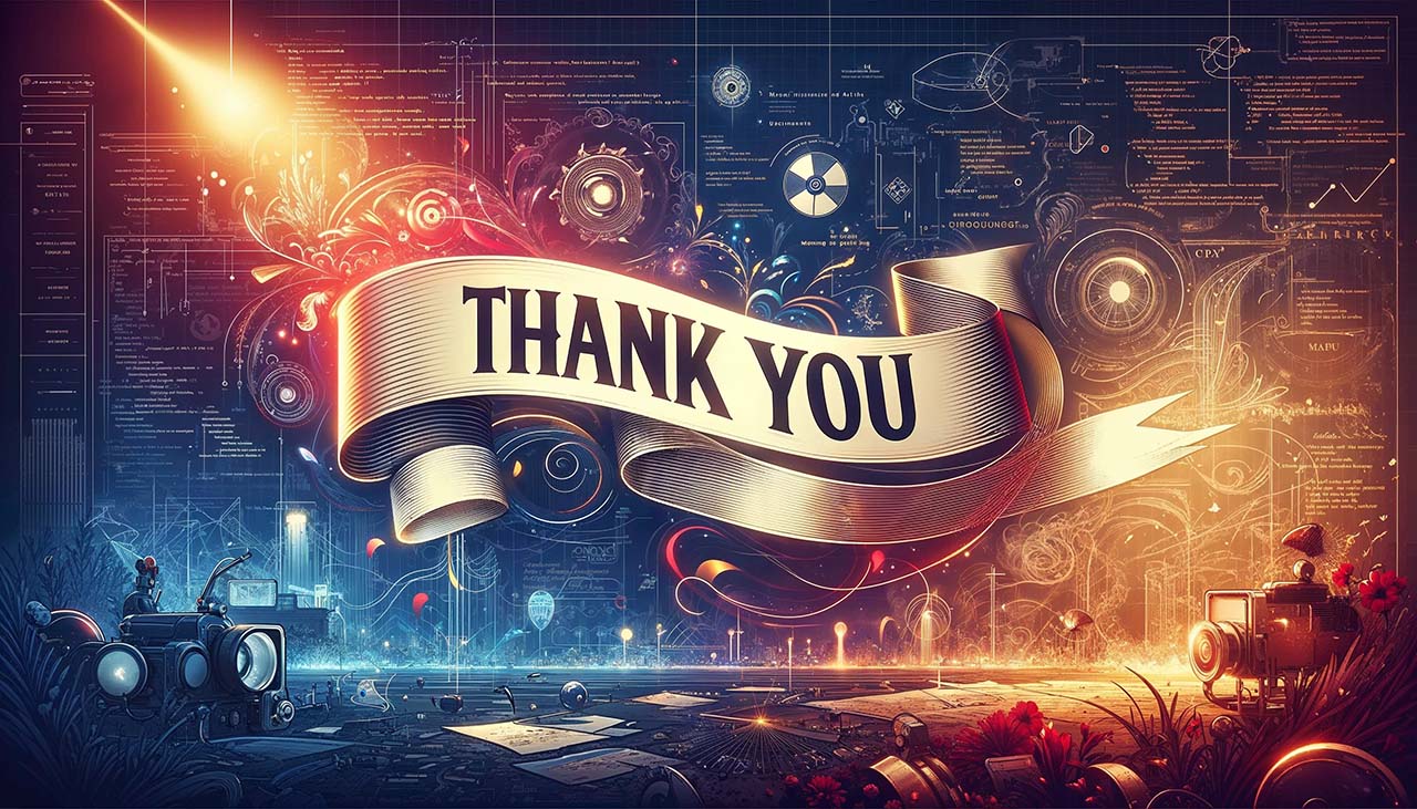 A luminous thank-you banner surrounded by creative and technical schematics