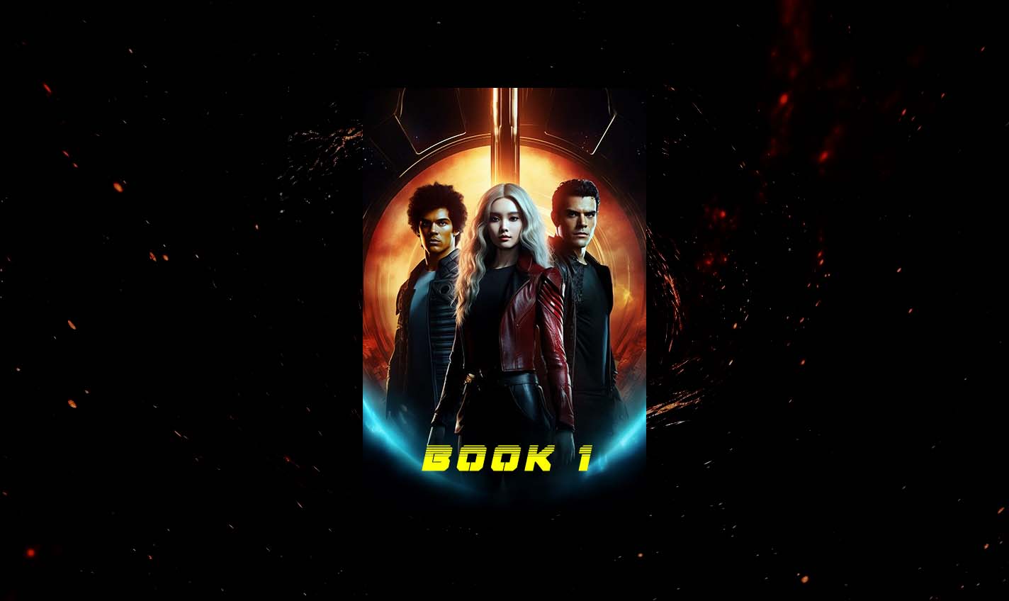 Three characters framed by an orange portal in Nexus Wars Book I concept art