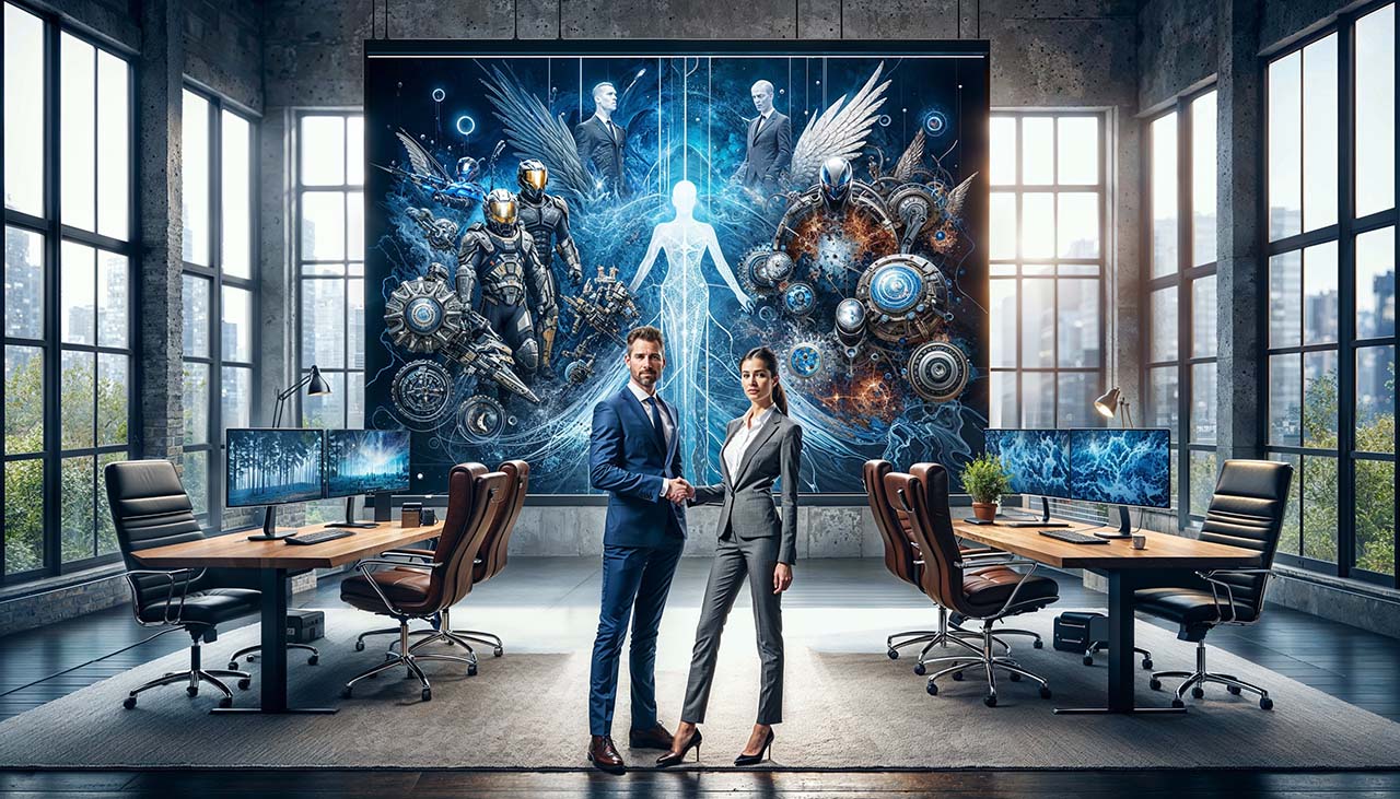 Concept illustration of two collaborators meeting in a futuristic game development studio